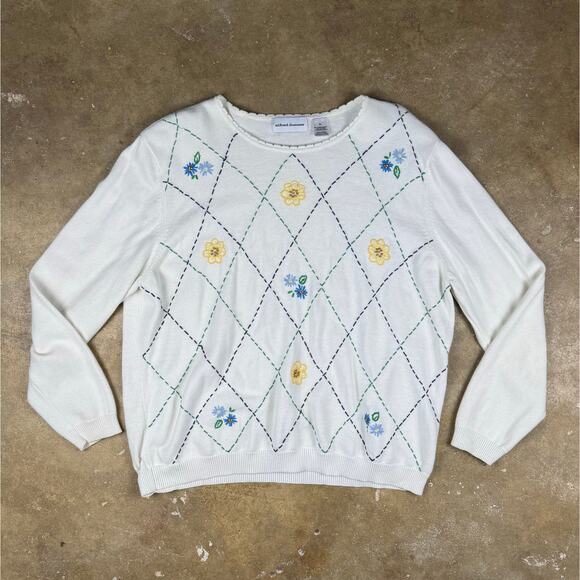 Alfred Dunner‎ Women’s XL White Floral Argyle Sweater Pullover Beaded Embroidery - Picture 1 of 9